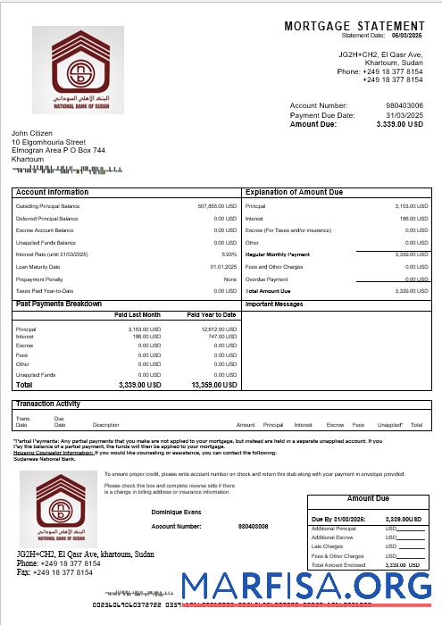 Printable Sudanese National Bank mortgage statement in Word and PDF formats example
